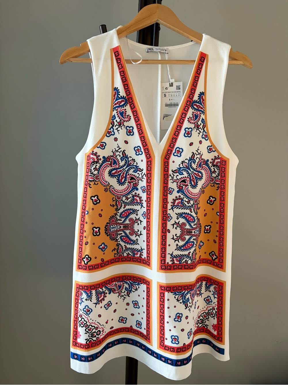 Zara White Tank with Gold, Blue and Red Paisley Panels